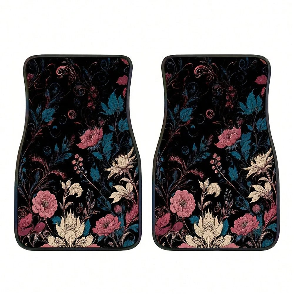 2pcs/4pcs Floral Pattern Car Floor Mats, Polyester Fiber Universal Car Floor Mats, Interior Car Decorations, 2D Flat Printing