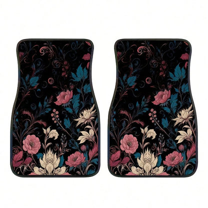 2pcs/4pcs Floral Pattern Car Floor Mats, Polyester Fiber Universal Car Floor Mats, Interior Car Decorations, 2D Flat Printing