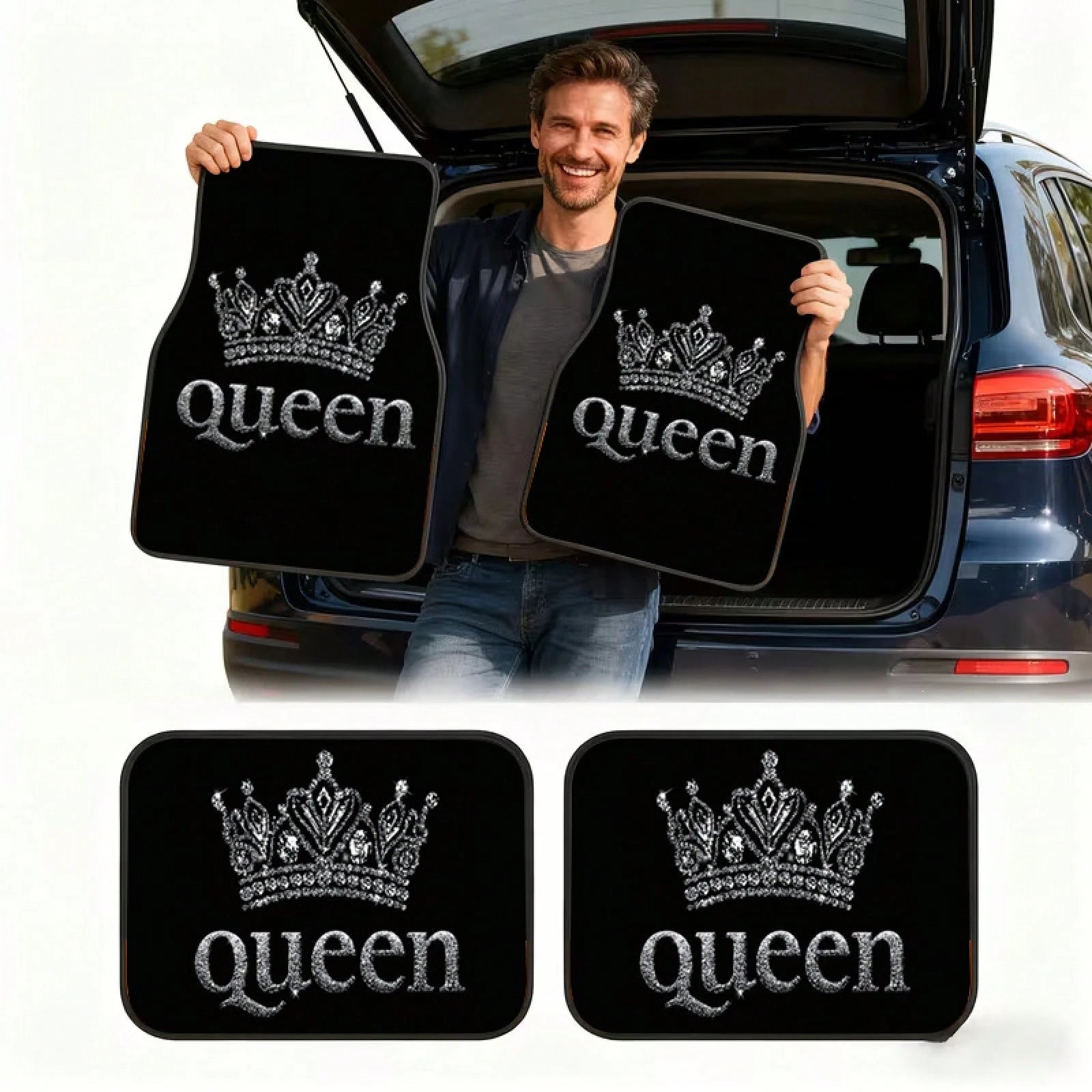 2PCS/4PCS Queen Crown Print Cool Fashion Simple Car Floor Mats, Non-Slip And Stable Without Displacement, Durable And Resistant To Wear, Suitable For All Seasons, Practical Car Interior Decoration Acc
