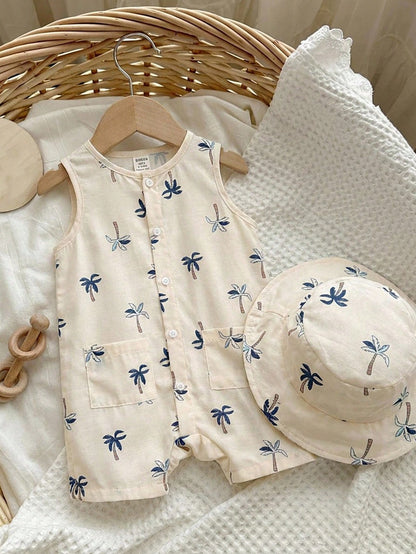 2pcs Baby Boy Cute White Coconut Palm Tree Print Short Sleeved Jumpsuit With Bucket Hat,Summer Beach Vacation Holiday Casual Bib Overalls Shorts Set