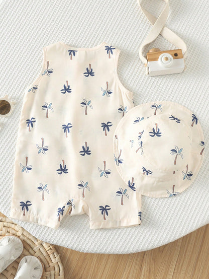 2pcs Baby Boy Cute White Coconut Palm Tree Print Short Sleeved Jumpsuit With Bucket Hat,Summer Beach Vacation Holiday Casual Bib Overalls Shorts Set