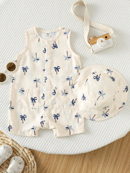 2pcs Baby Boy Cute White Coconut Palm Tree Print Short Sleeved Jumpsuit With Bucket Hat,Summer Beach Vacation Holiday Casual Bib Overalls Shorts Set