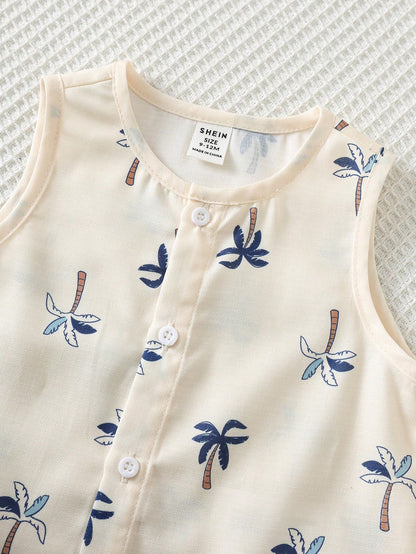 2pcs Baby Boy Cute White Coconut Palm Tree Print Short Sleeved Jumpsuit With Bucket Hat,Summer Beach Vacation Holiday Casual Bib Overalls Shorts Set