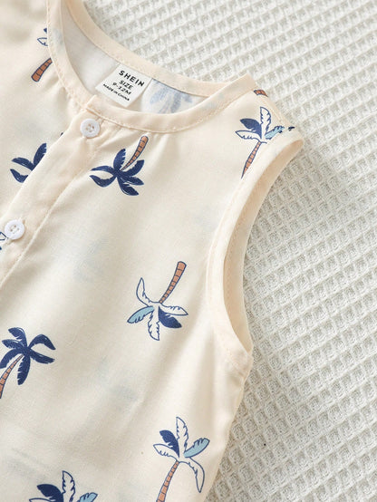 2pcs Baby Boy Cute White Coconut Palm Tree Print Short Sleeved Jumpsuit With Bucket Hat,Summer Beach Vacation Holiday Casual Bib Overalls Shorts Set