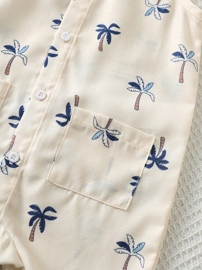 2pcs Baby Boy Cute White Coconut Palm Tree Print Short Sleeved Jumpsuit With Bucket Hat,Summer Beach Vacation Holiday Casual Bib Overalls Shorts Set
