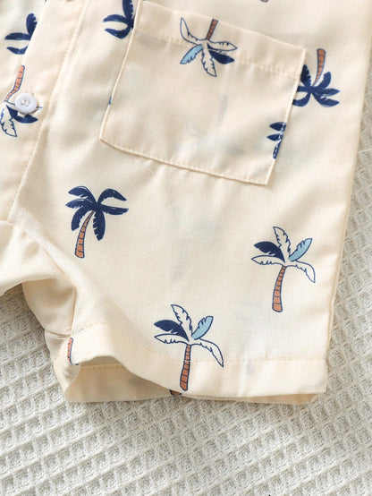 2pcs Baby Boy Cute White Coconut Palm Tree Print Short Sleeved Jumpsuit With Bucket Hat,Summer Beach Vacation Holiday Casual Bib Overalls Shorts Set