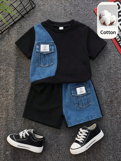 2pcs Baby Boy Summer Casual Patchwork Black Top And Patchwork Shorts Set
