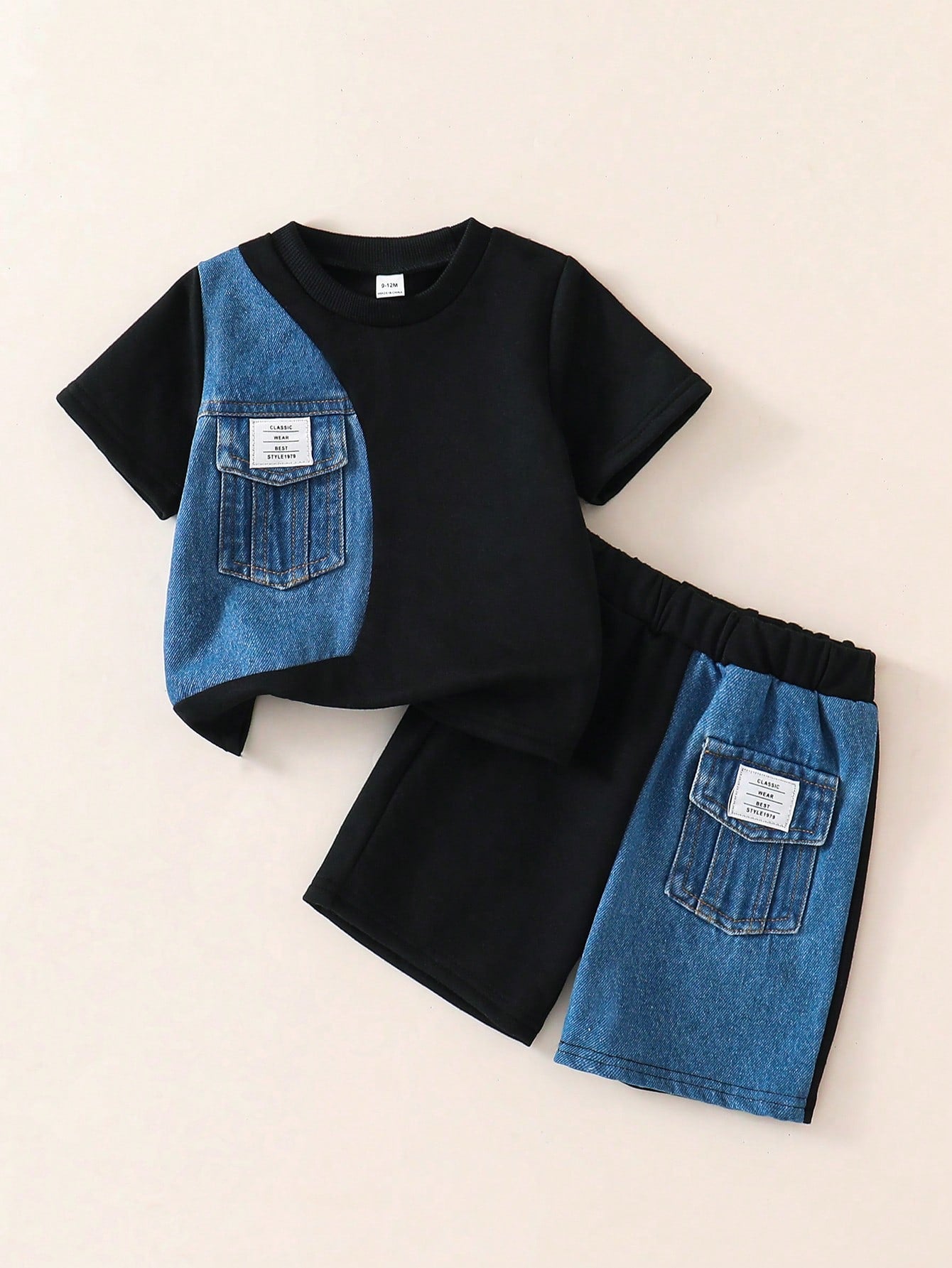 2pcs Baby Boy Summer Casual Patchwork Black Top And Patchwork Shorts Set