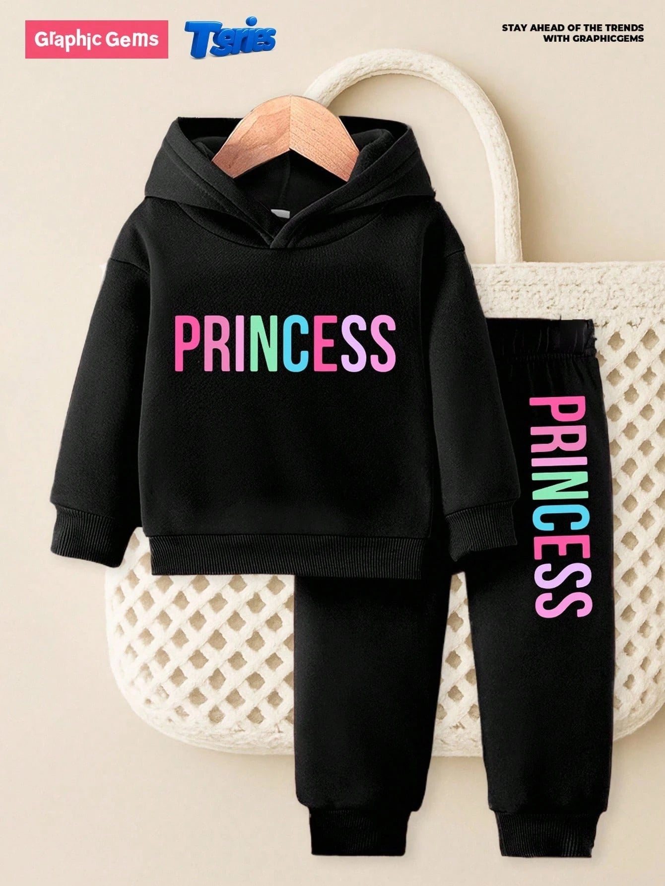 2pcs Baby Girl Casual Fashion Letter Print Fleece Hoodie Sweatshirt And Pants Set, Autumn/Winter;2pcs Colorful""Princess""Letter Graphic Cute Fall