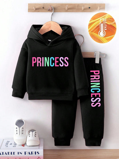 2pcs Baby Girl Casual Fashion Letter Print Fleece Hoodie Sweatshirt And Pants Set, Autumn/Winter;2pcs Colorful""Princess""Letter Graphic Cute Fall
