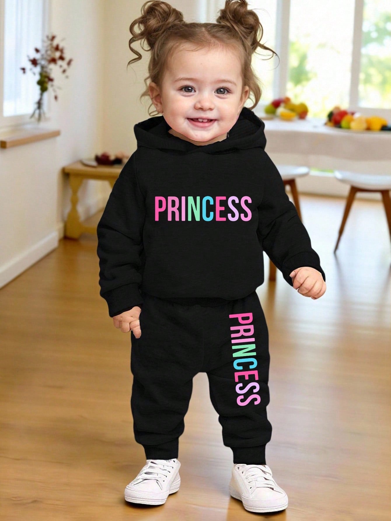2pcs Baby Girl Casual Fashion Letter Print Fleece Hoodie Sweatshirt And Pants Set, Autumn/Winter;2pcs Colorful""Princess""Letter Graphic Cute Fall