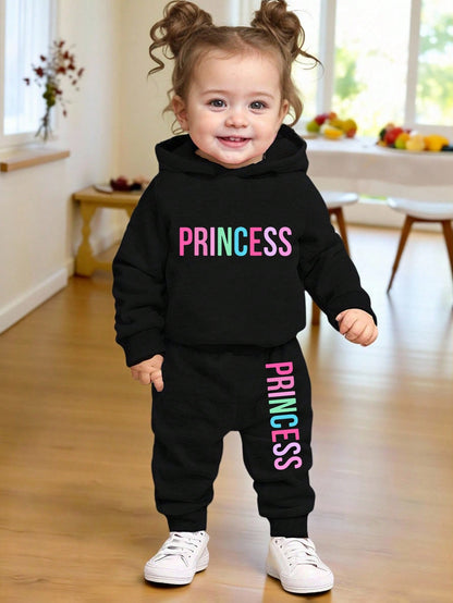 2pcs Baby Girl Casual Fashion Letter Print Fleece Hoodie Sweatshirt And Pants Set, Autumn/Winter;2pcs Colorful""Princess""Letter Graphic Cute Fall