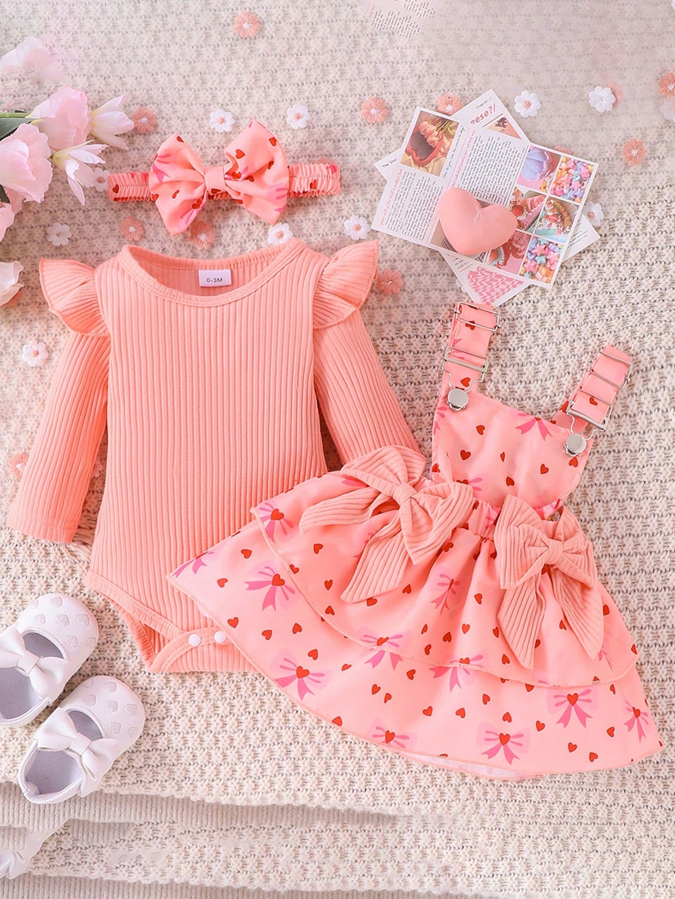 2pcs Baby Girl Cute Long Sleeve Bodysuit With Suspender Skirt And Headband Set, Lightweight For Spring And Autumn