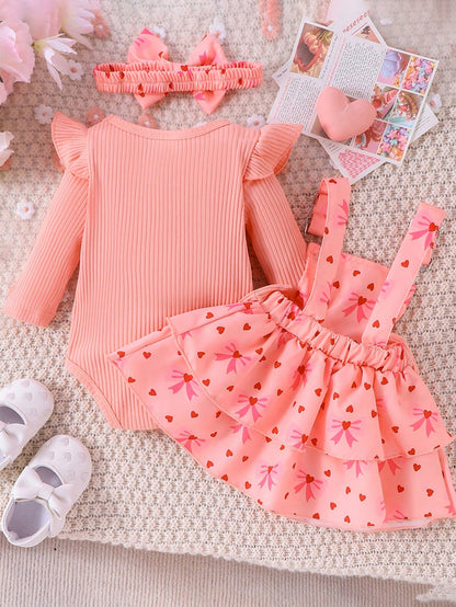 2pcs Baby Girl Cute Long Sleeve Bodysuit With Suspender Skirt And Headband Set, Lightweight For Spring And Autumn
