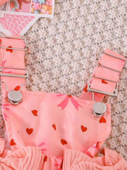 2pcs Baby Girl Cute Long Sleeve Bodysuit With Suspender Skirt And Headband Set, Lightweight For Spring And Autumn