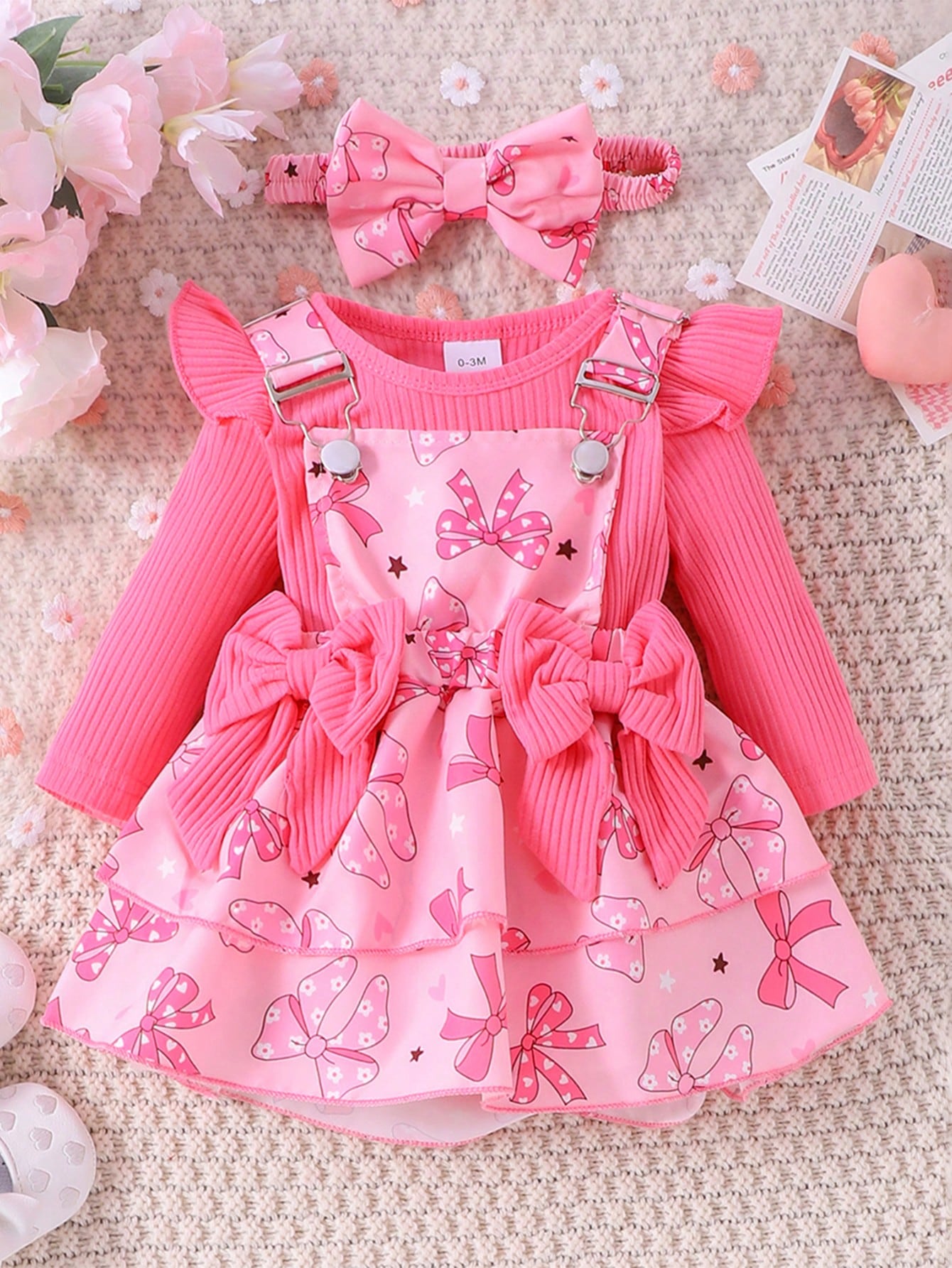 2pcs Baby Girl Cute Long Sleeve Bodysuit With Suspender Skirt And Headband Set, Lightweight For Spring And Autumn