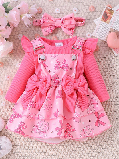 2pcs Baby Girl Cute Long Sleeve Bodysuit With Suspender Skirt And Headband Set, Lightweight For Spring And Autumn