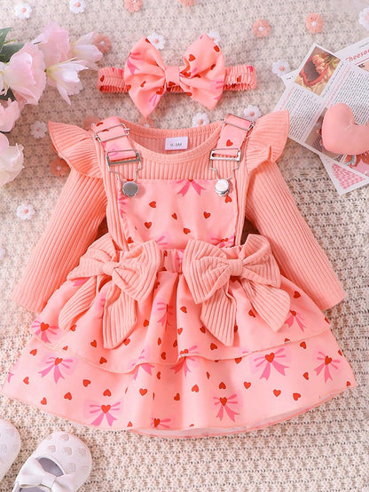 2pcs Baby Girl Cute Long Sleeve Bodysuit With Suspender Skirt And Headband Set, Lightweight For Spring And Autumn