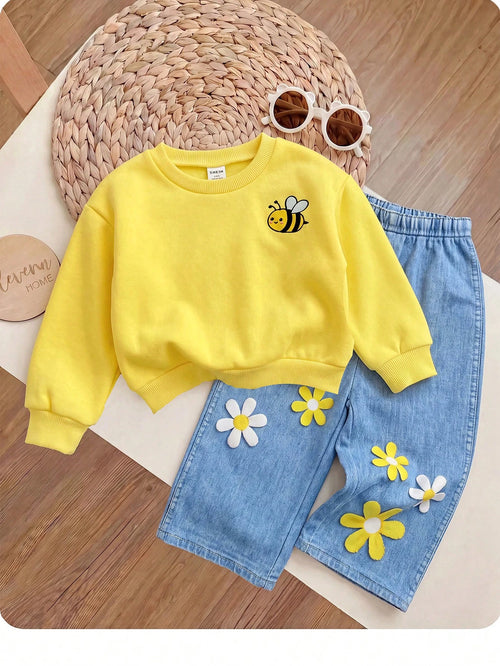 2pcs Baby Girl Floral Pattern Knit Soft Crew Neck Long Sleeve Sweatshirt And Long Autumn Pants Set