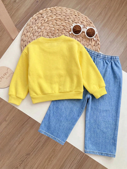 2pcs Baby Girl Floral Pattern Knit Soft Crew Neck Long Sleeve Sweatshirt And Long Autumn Pants Set