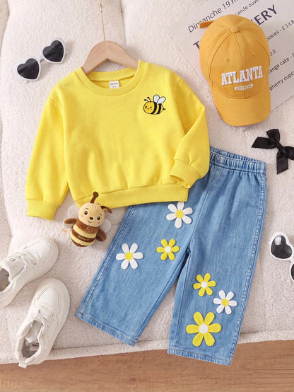 2pcs Baby Girl Floral Pattern Knit Soft Crew Neck Long Sleeve Sweatshirt And Long Autumn Pants Set