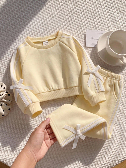 2pcs Baby Girl Solid Color Knitted Bow Sweatshirt And Leggings Set