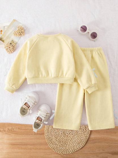 2pcs Baby Girl Solid Color Knitted Bow Sweatshirt And Leggings Set
