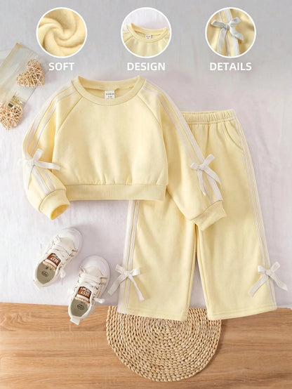 2pcs Baby Girl Solid Color Knitted Bow Sweatshirt And Leggings Set