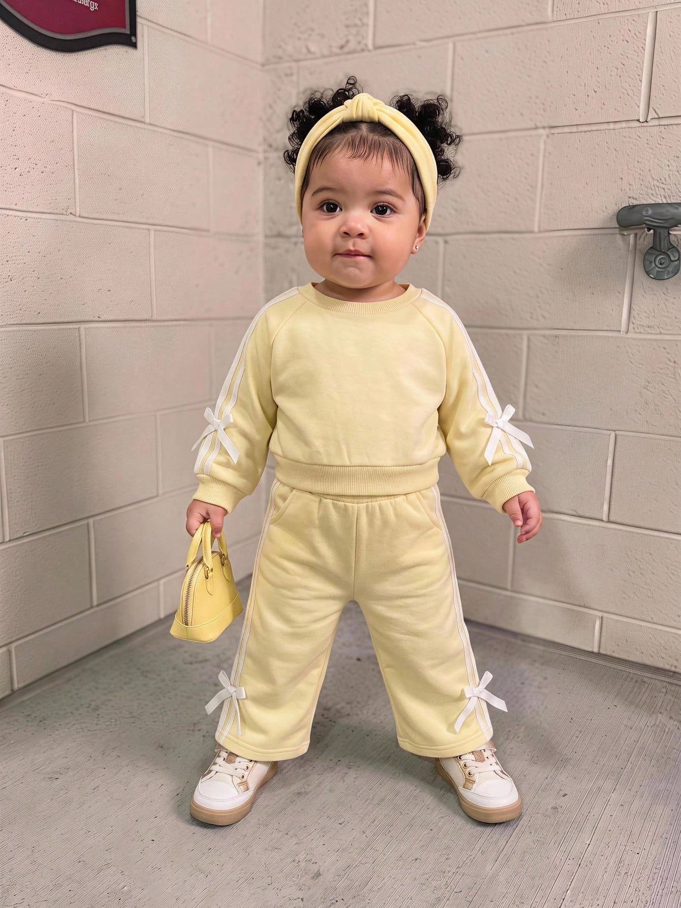 2pcs Baby Girl Solid Color Knitted Bow Sweatshirt And Leggings Set