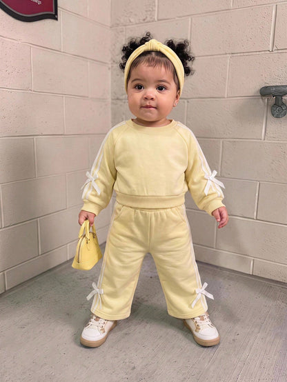 2pcs Baby Girl Solid Color Knitted Bow Sweatshirt And Leggings Set
