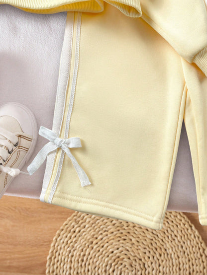2pcs Baby Girl Solid Color Knitted Bow Sweatshirt And Leggings Set