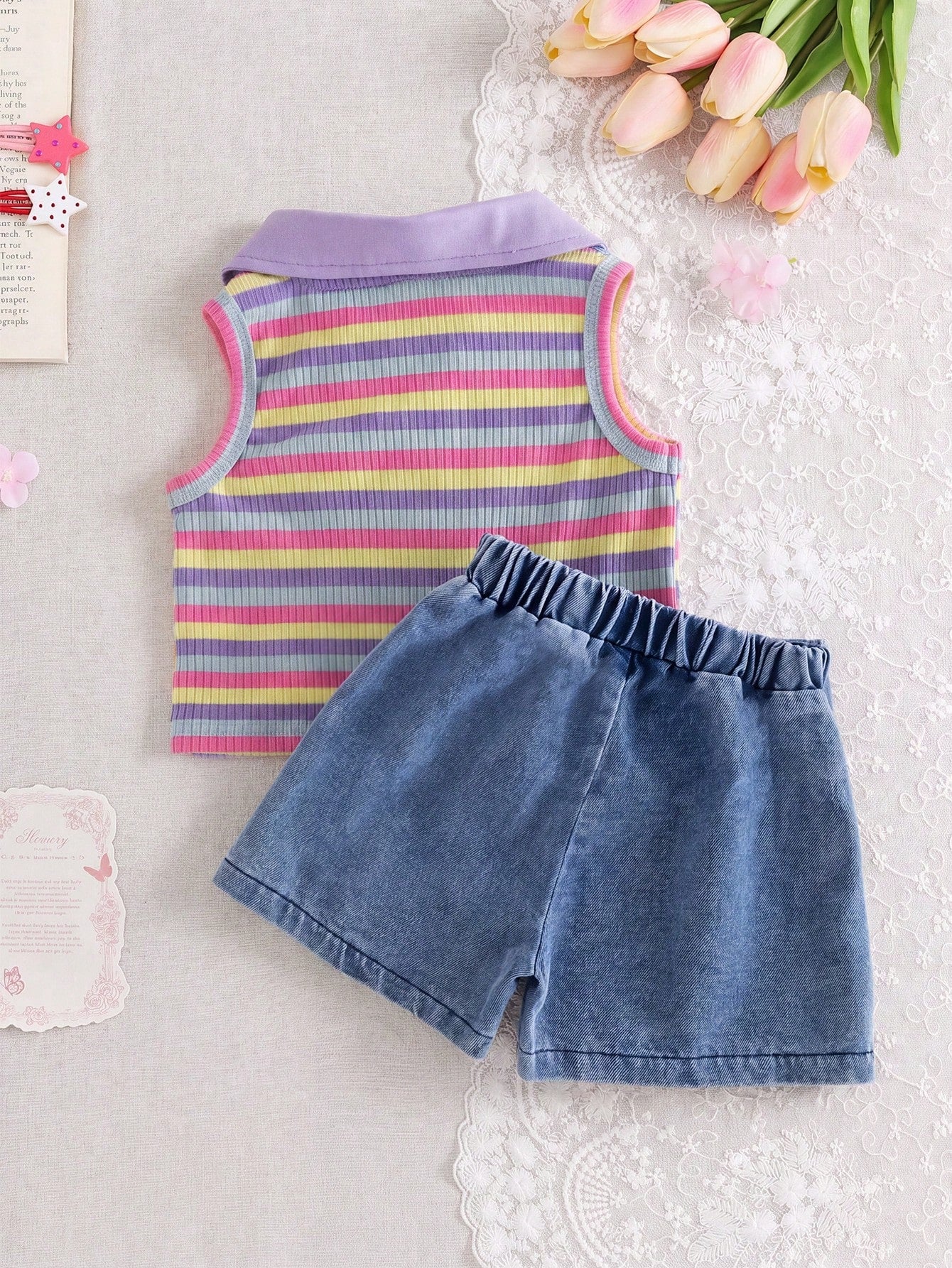 2pcs Baby Girls Cute Blue And Yellow Striped Vest Top&Skort Set Summer Family Matching Sleeveless Collared V-Neck Top Elastic Waist Shorts Skirt