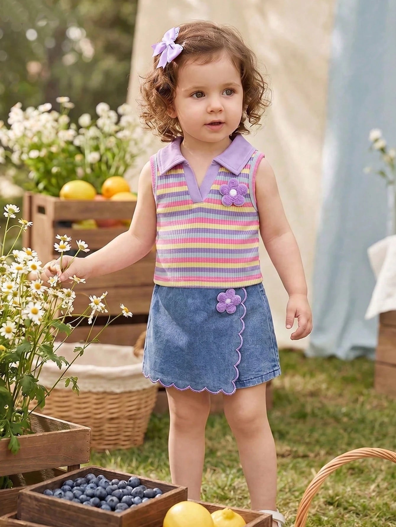 2pcs Baby Girls Cute Blue And Yellow Striped Vest Top&Skort Set Summer Family Matching Sleeveless Collared V-Neck Top Elastic Waist Shorts Skirt