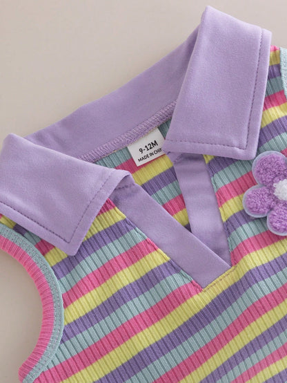 2pcs Baby Girls Cute Blue And Yellow Striped Vest Top&Skort Set Summer Family Matching Sleeveless Collared V-Neck Top Elastic Waist Shorts Skirt