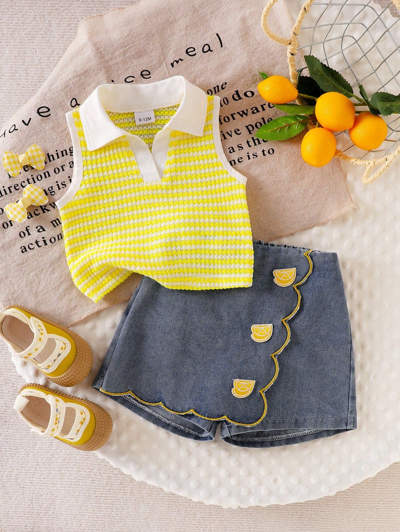 2pcs Baby Girls Cute Blue And Yellow Striped Vest Top&Skort Set Summer Family Matching Sleeveless Collared V-Neck Top Elastic Waist Shorts Skirt