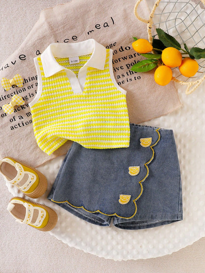 2pcs Baby Girls Cute Blue And Yellow Striped Vest Top&Skort Set Summer Family Matching Sleeveless Collared V-Neck Top Elastic Waist Shorts Skirt