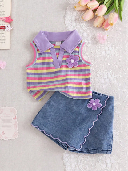 2pcs Baby Girls Cute Blue And Yellow Striped Vest Top&Skort Set Summer Family Matching Sleeveless Collared V-Neck Top Elastic Waist Shorts Skirt