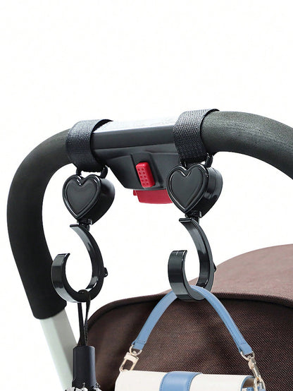 2pcs Black Baby Stroller Hooks: Rotatable And Large-Sized, Convenient For Hanging On Strollers To Carry Bags Hands-Free. With Heart-Shaped Design.