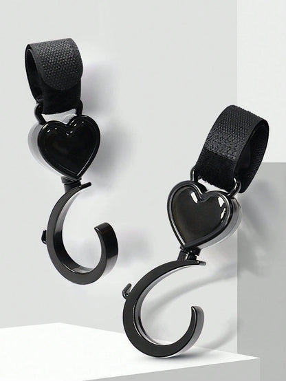 2pcs Black Baby Stroller Hooks: Rotatable And Large-Sized, Convenient For Hanging On Strollers To Carry Bags Hands-Free. With Heart-Shaped Design.