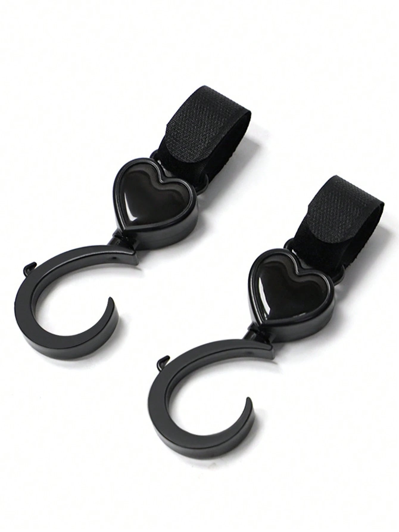 2pcs Black Baby Stroller Hooks: Rotatable And Large-Sized, Convenient For Hanging On Strollers To Carry Bags Hands-Free. With Heart-Shaped Design.