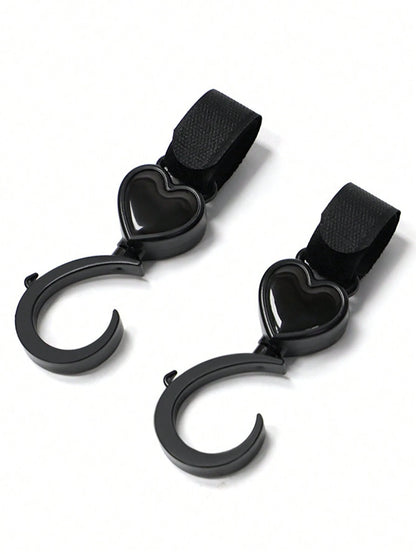 2pcs Black Baby Stroller Hooks: Rotatable And Large-Sized, Convenient For Hanging On Strollers To Carry Bags Hands-Free. With Heart-Shaped Design.
