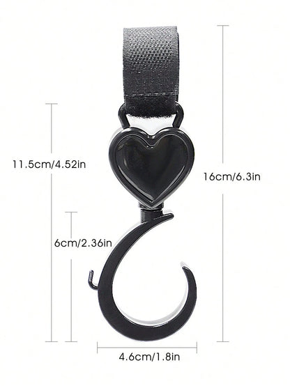2pcs Black Baby Stroller Hooks: Rotatable And Large-Sized, Convenient For Hanging On Strollers To Carry Bags Hands-Free. With Heart-Shaped Design.
