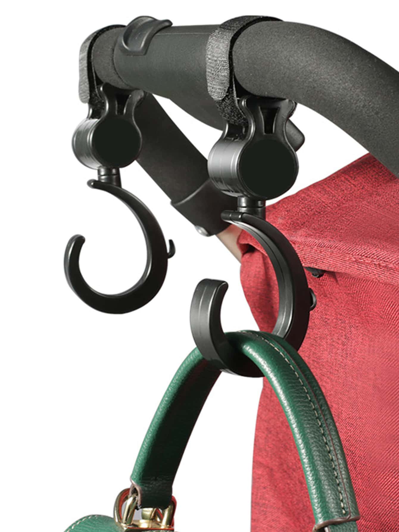 2pcs Black Baby Stroller Hooks: Rotatable And Large-Sized, Convenient For Hanging On Strollers To Carry Bags Hands-Free. With Heart-Shaped Design.