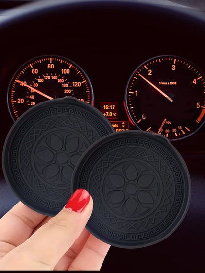 2pcs Black Circular Textured Silicone Cup Holders, Universal Anti-Slip Anti-Spill Anti-Dust Car Interior Accessories Suitable For Toyota And Vehicles