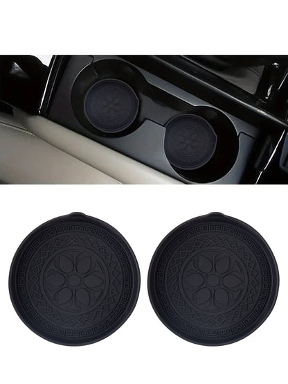 2pcs Black Circular Textured Silicone Cup Holders, Universal Anti-Slip Anti-Spill Anti-Dust Car Interior Accessories Suitable For Toyota And Vehicles