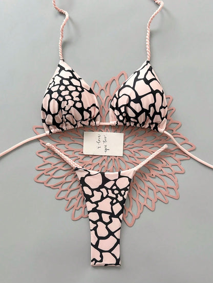 2pcs Casual Elegant Sexy Bohemian Floral Print Tie Knot Woven Bikini Swimwear, Suitable For Beach Vacation In Spring/Summer