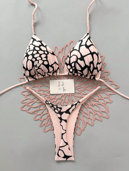 2pcs Casual Elegant Sexy Bohemian Floral Print Tie Knot Woven Bikini Swimwear, Suitable For Beach Vacation In Spring/Summer