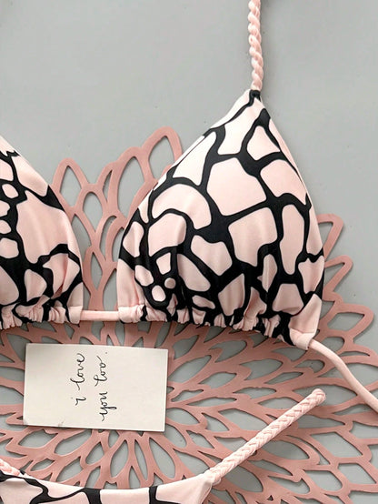 2pcs Casual Elegant Sexy Bohemian Floral Print Tie Knot Woven Bikini Swimwear, Suitable For Beach Vacation In Spring/Summer
