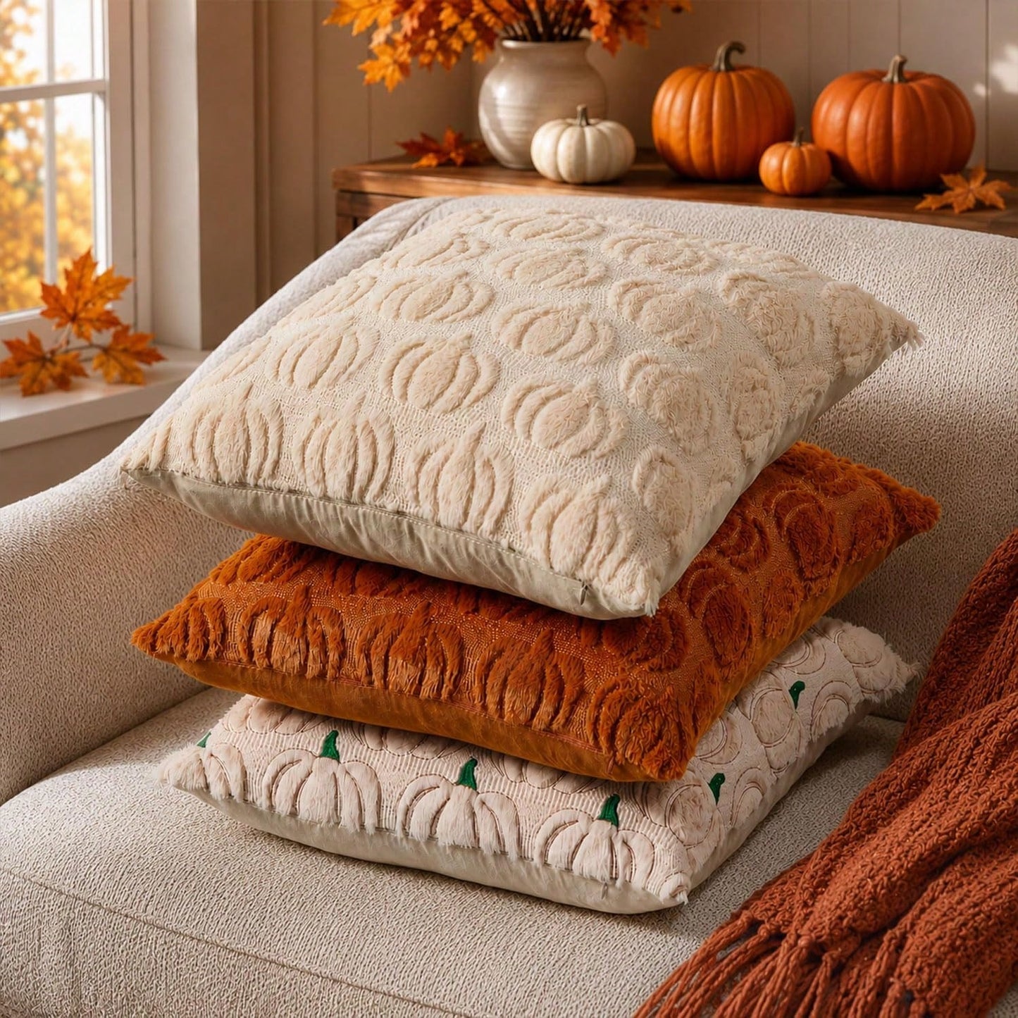 2Pcs Fall Pillow Covers 18x18 Inch Fall Decorations Autumn Rust Pumpkin Throw Pillow Cases Soft Plush Faux Fur Wool Couch Cushion Case For Chair Sofa Bedroom Living Room Home Decor