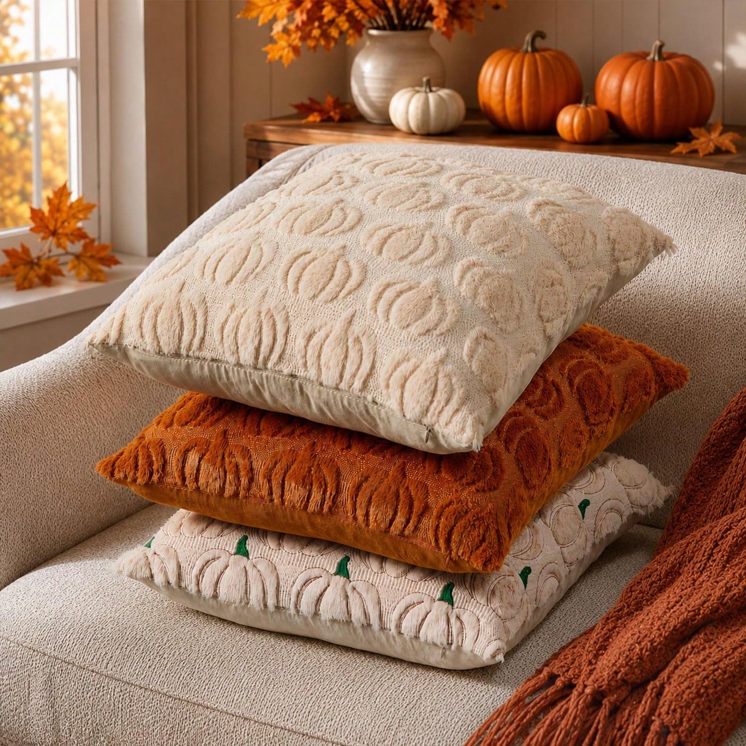 2Pcs Fall Pillow Covers 18x18 Inch Fall Decorations Autumn Rust Pumpkin Throw Pillow Cases Soft Plush Faux Fur Wool Couch Cushion Case For Chair Sofa Bedroom Living Room Home Decor